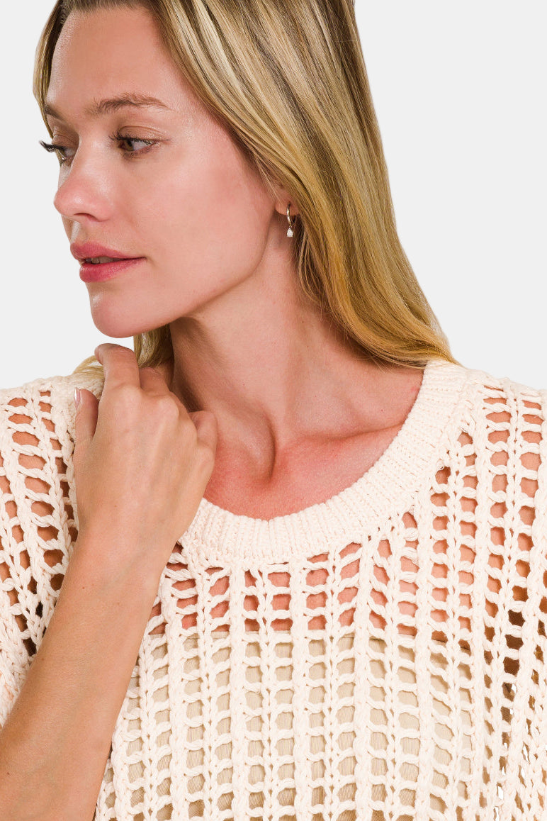 Fish Net Short Sleeve Crochet Sweater / DK PINK