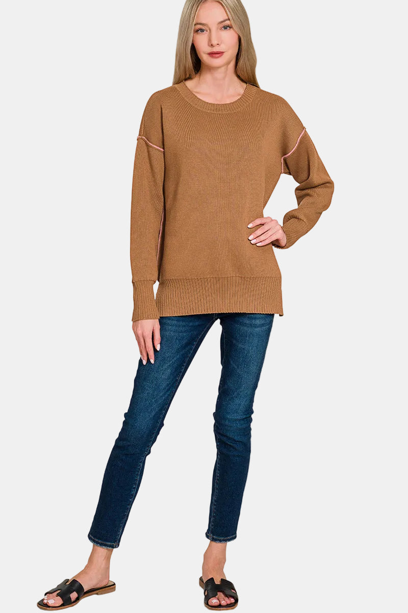 Round Neck Contrast Trim Sweater / DK OLIVE/K GREEN