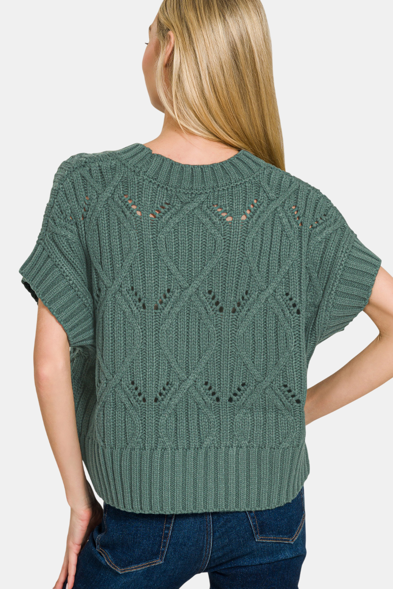 Cable Knit Short Sleeve Sweater / DEEP CAMEL