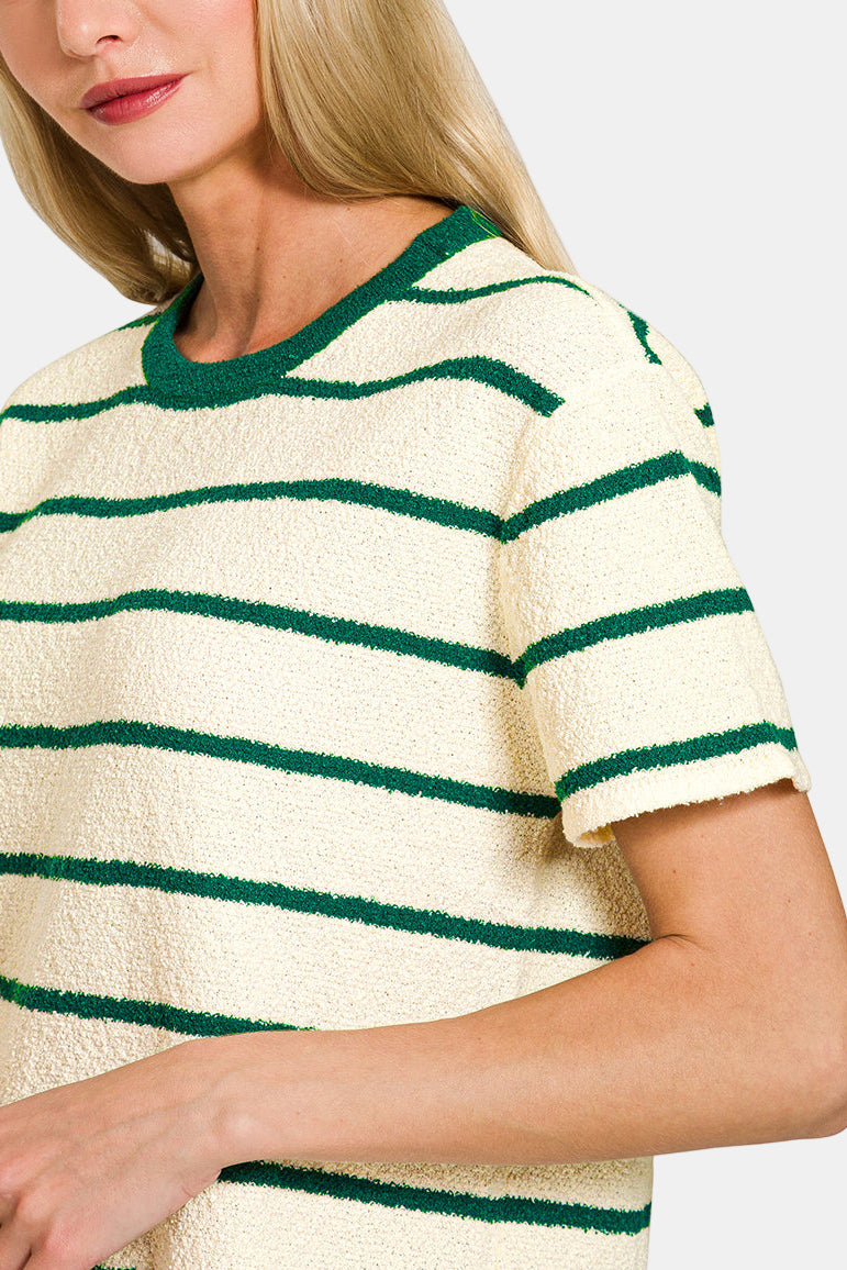 Striped Short Sleeve Sweater Tee / DK PINK