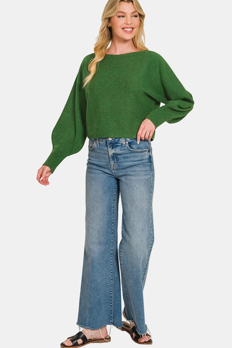 Boat Neck Balloon Sleeve Sweater / TEAL