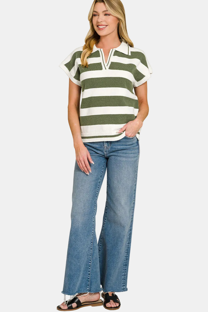 Striped Collared Short Sleeve Sweater / PERSIMMON