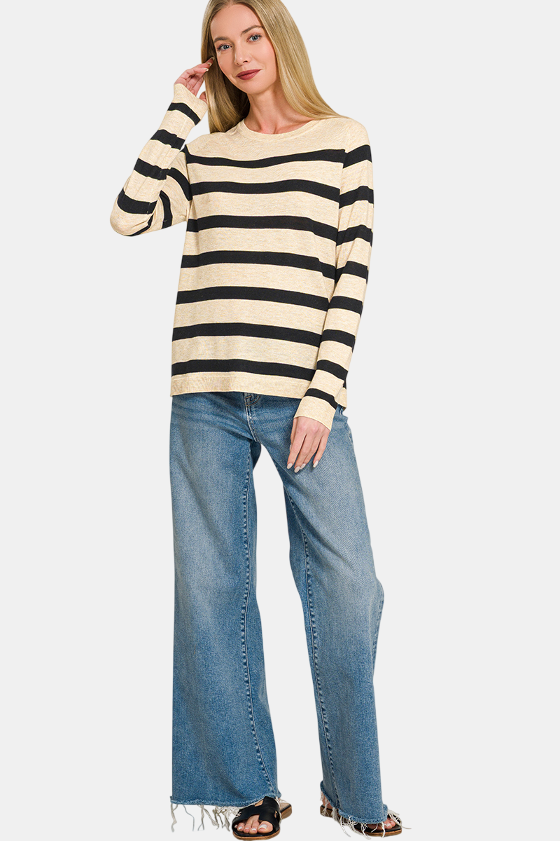 Lightweight Wool Blend Striped Round Neck Longline Sweater / CORNFLOWER BLUE