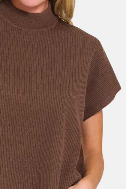 Viscose Mock Neck Cropped Boxy Sweater / BROWN