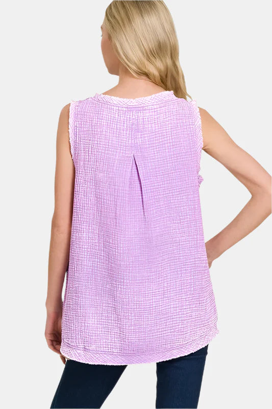 Double Gauze Raw Edge Acid Washed Tank Top / B LAVENDER