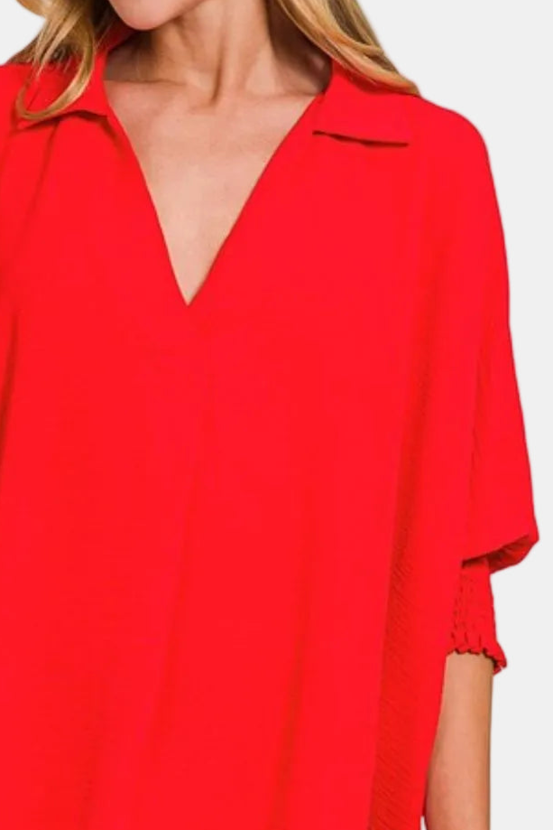 Airflow Collar Tee with Smocked Sleeve Band Top / TOMATO