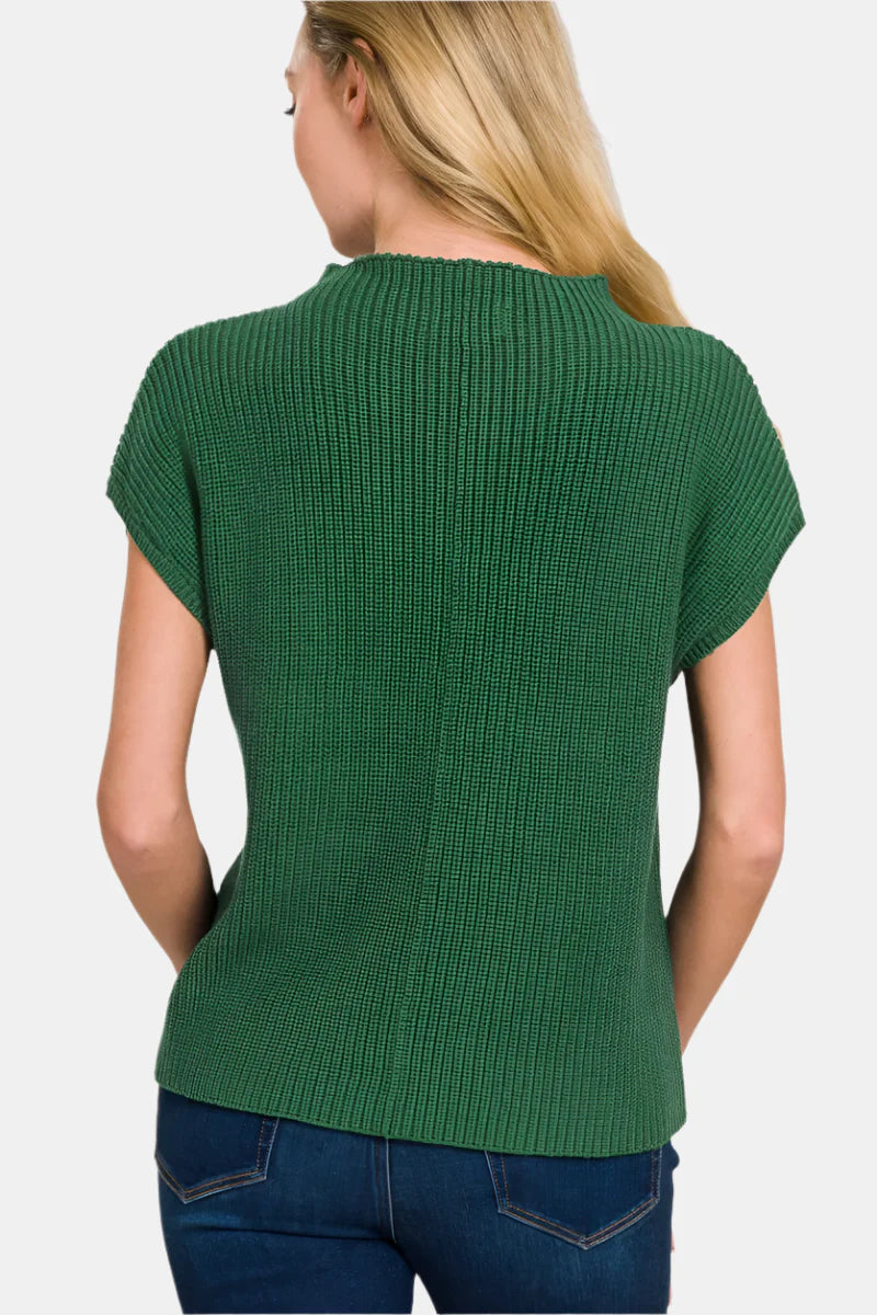 Mock Neck Short Sleeve Sweater / DK GREEN