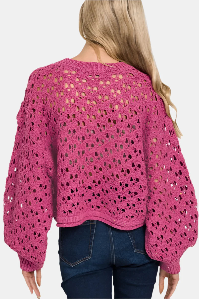 Cropped Crochet Knit Sweater / PLUM
