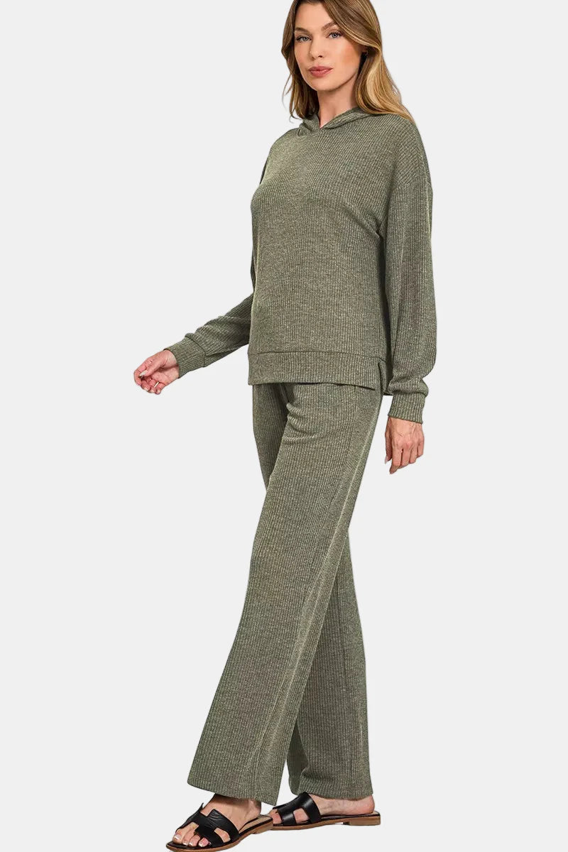 Ribbed Hooded Pullover / DK OLIVE