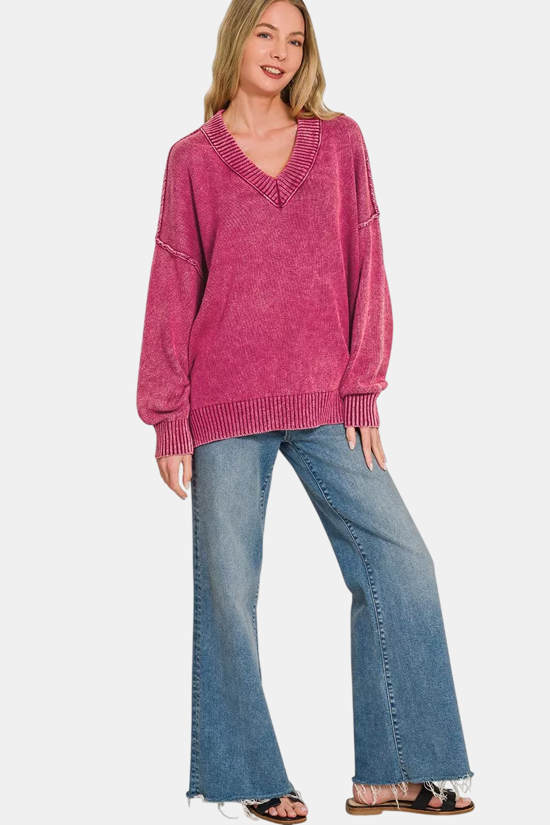 Washed Deep V-Neck Oversized Sweater / DK GREEN