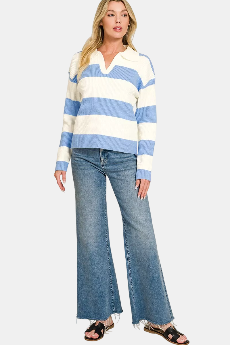Striped Collared Sweater / CORNFLOWER BLUE/IVORY