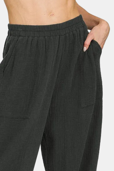 Double Gauze Elastic Band Pants / BLACK