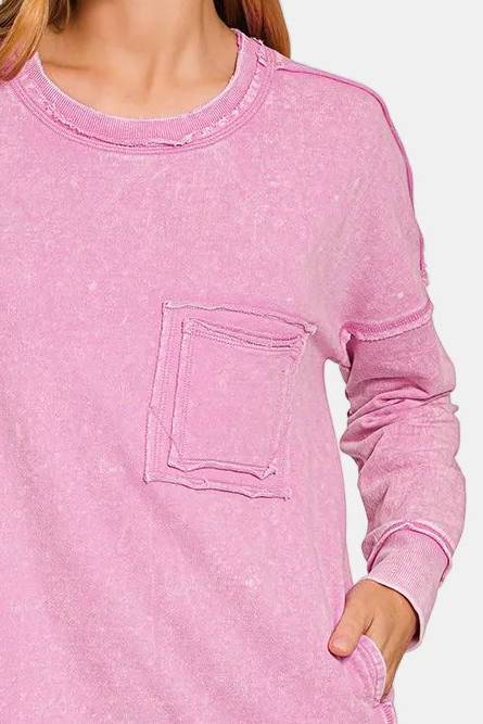 F/Terry Acid Washed Raw Edge Front Pocket Pullover / MAUVE