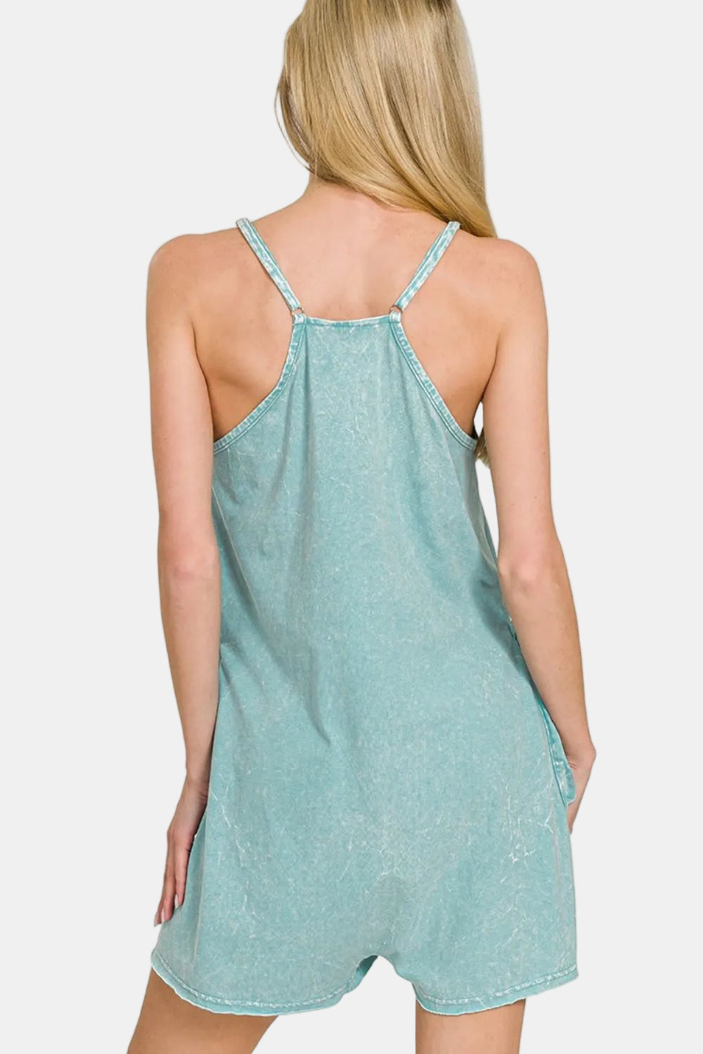 Acid Crinkle Washed Spaghetti Strap Pocketed Romper / FUCHSIA
