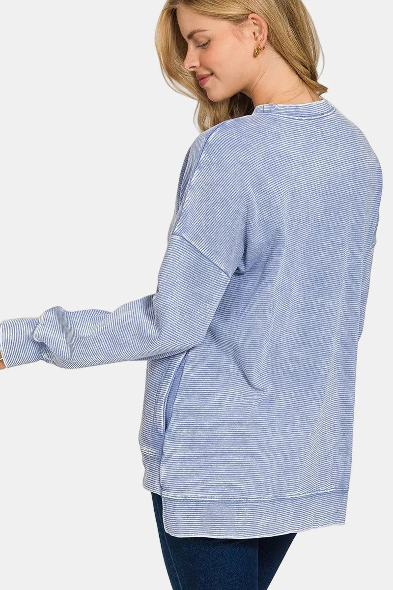 Acid Washed Double Ribbed Hi-Low Pullover / DK GREEN