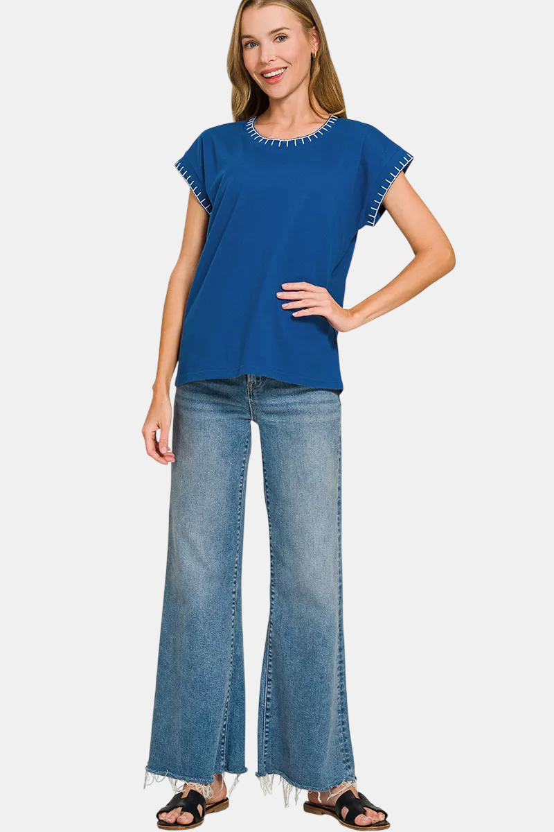 Stitch Detailed Oversized Top / LT NAVY