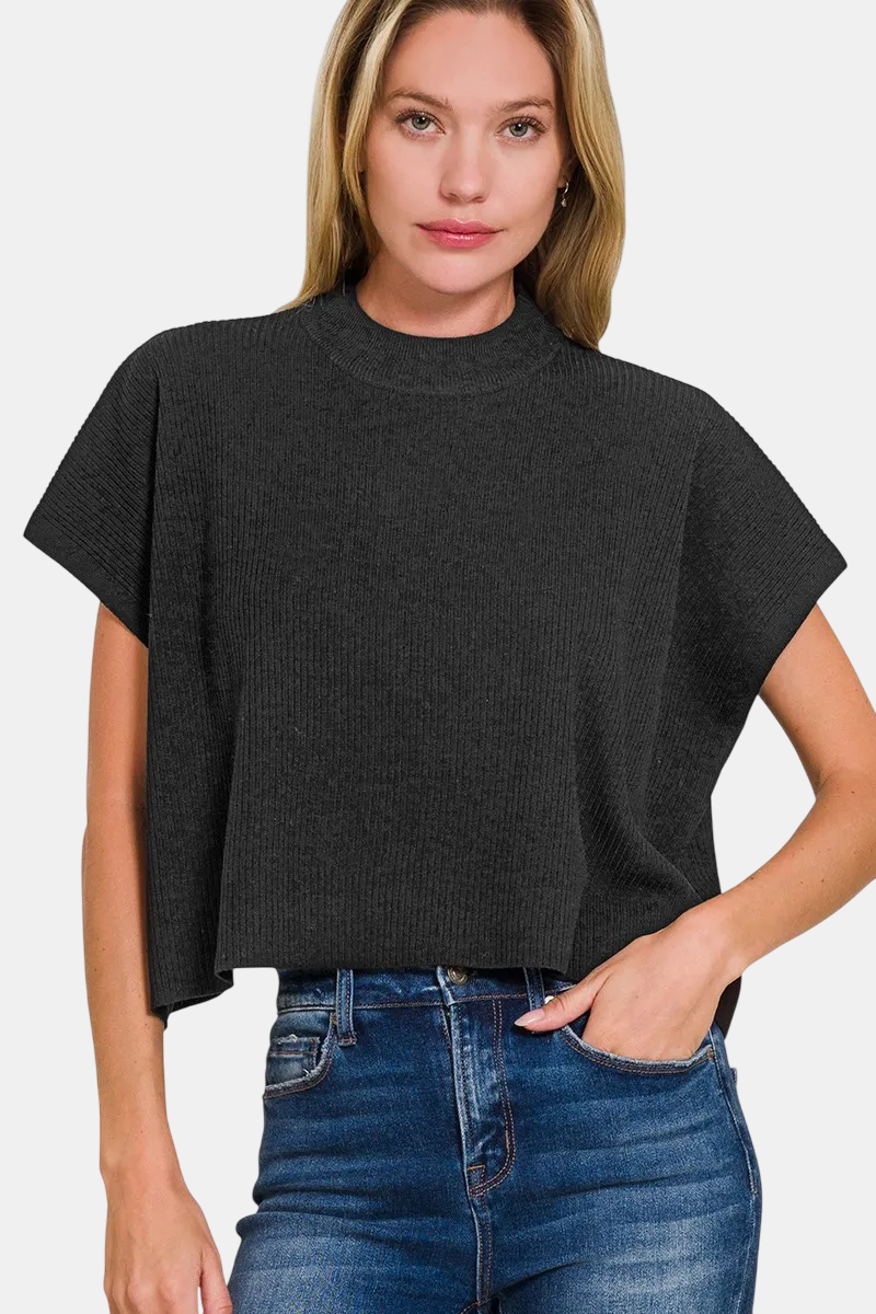 Viscose Mock Neck Cropped Boxy Sweater / BLACK