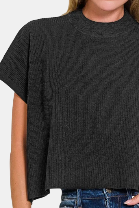 Viscose Mock Neck Cropped Boxy Sweater / BLACK