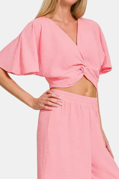 Woven Airflow Twisted Top & Wide Leg Pants Set / DK PINK