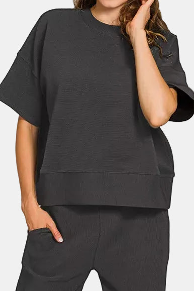 Ribbed Round Neck Tee & Pants Set / BLACK