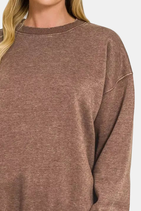 Fleece Acid Enzyme Washed Round Neck Sweatshirt / BROWN