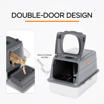 CITYLIFE Extra Large Stainless Steel Cat Litter Box, Fully Enclosed Cat Litter Box With Lid, Foldable Anti-Splashing Cat Litter Box With Front Flap Door, Cat Toilet For Indoor Cats, Top Deodorization Pet Toilet