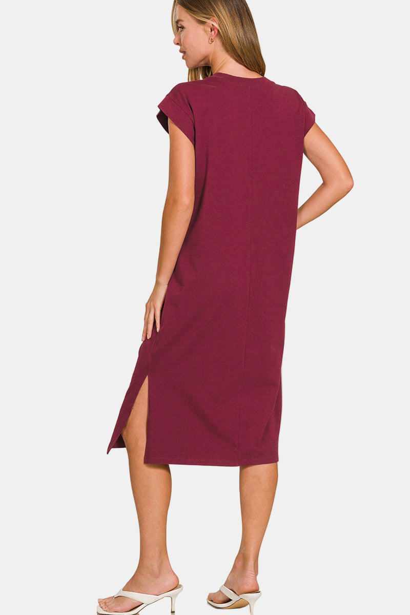 Round Neck Short Sleeve Midi Dress / SAND BEIGE