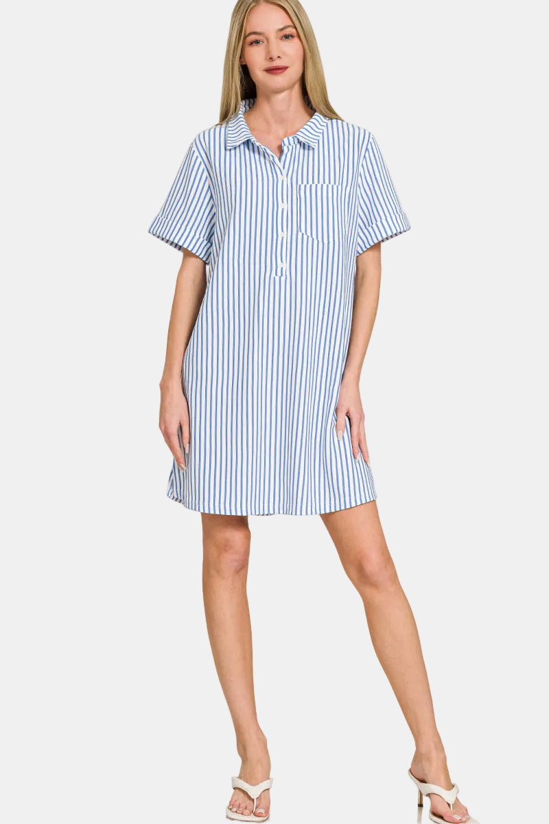 Stripe Collared Half Button Up T-Shirt Dress / BLACK