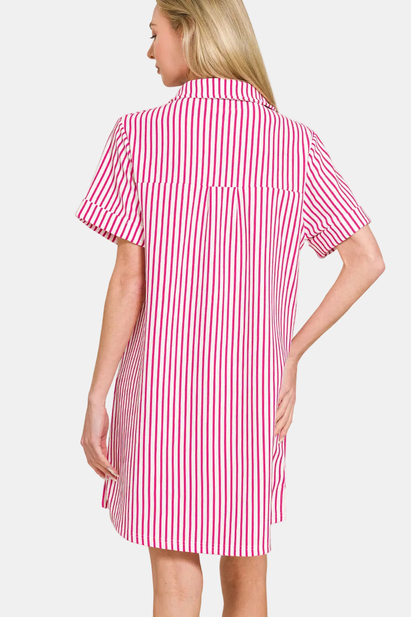 Stripe Collared Half Button Up T-Shirt Dress / BLACK