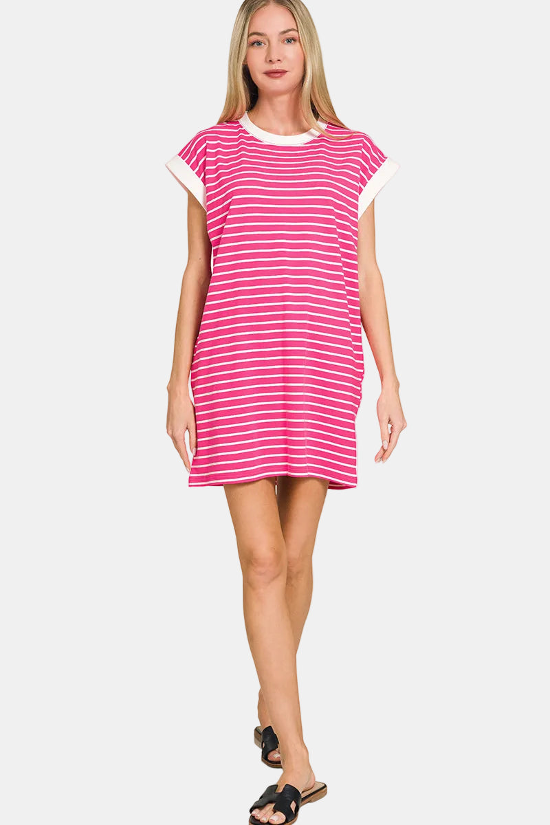 Contrast Trim Striped T-Shirt Dress / CABERNET
