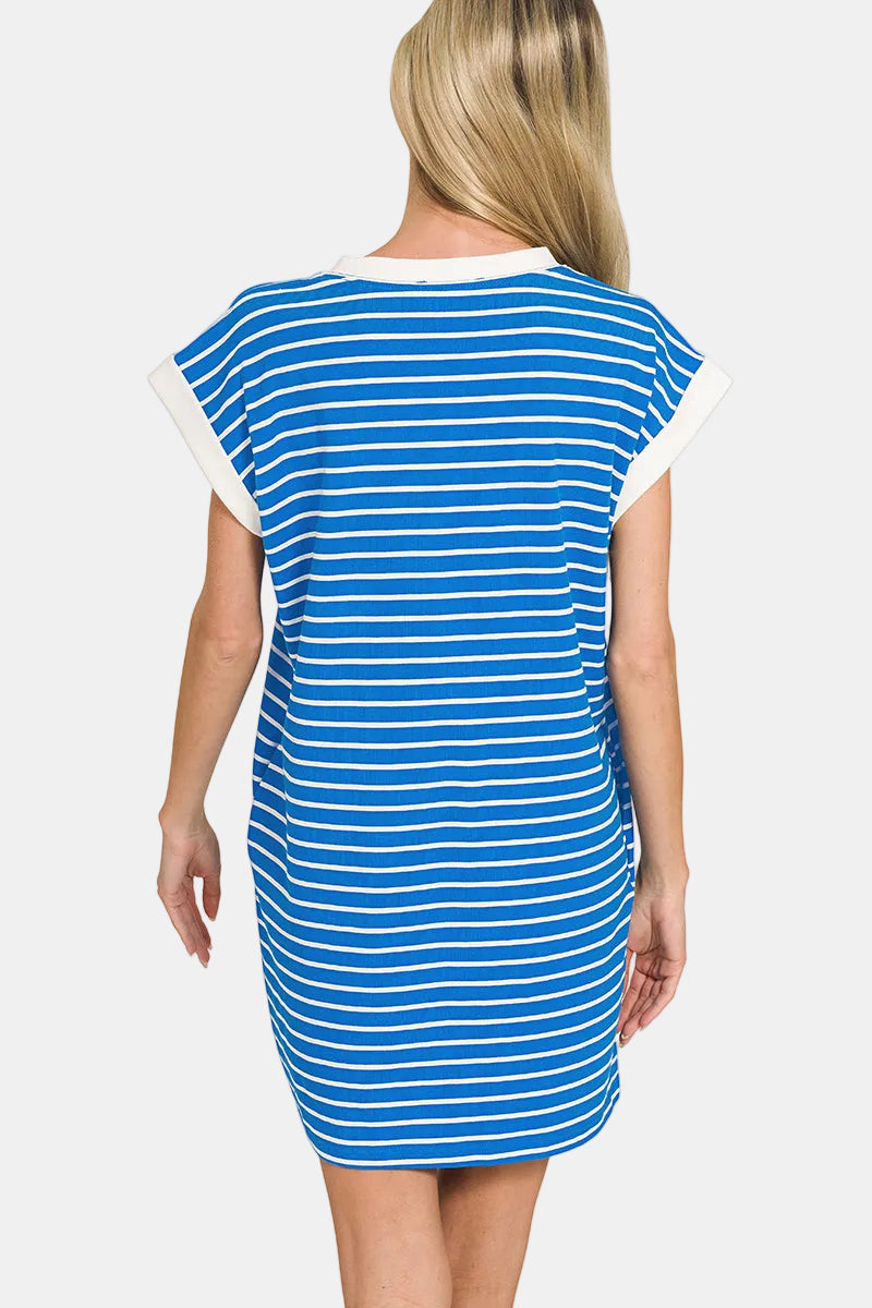 Contrast Trim Striped T-Shirt Dress / CABERNET