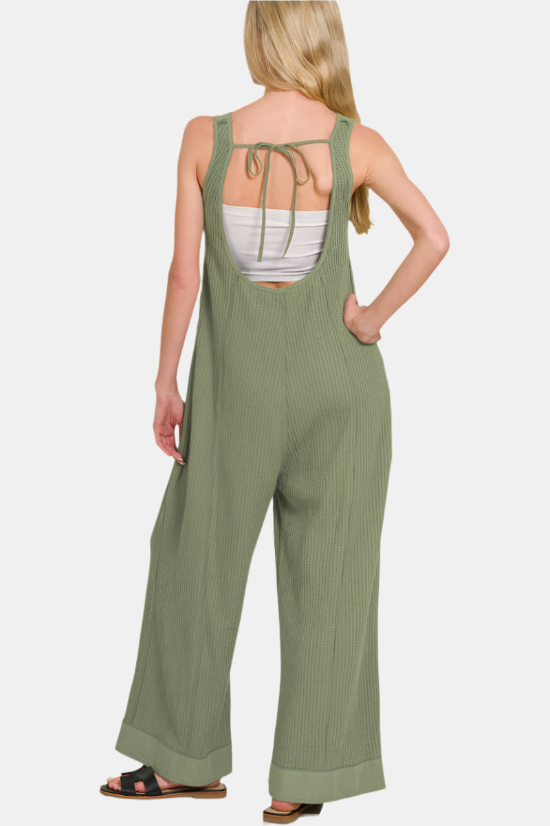 Knit Waffle Wide Leg Overalls / SAND BEIGE