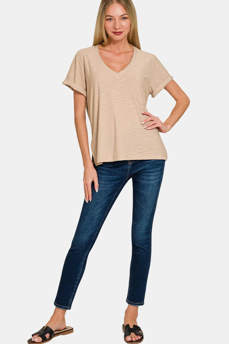 Slub Rolled Short Sleeve V-Neck Tee / TURQUOISE
