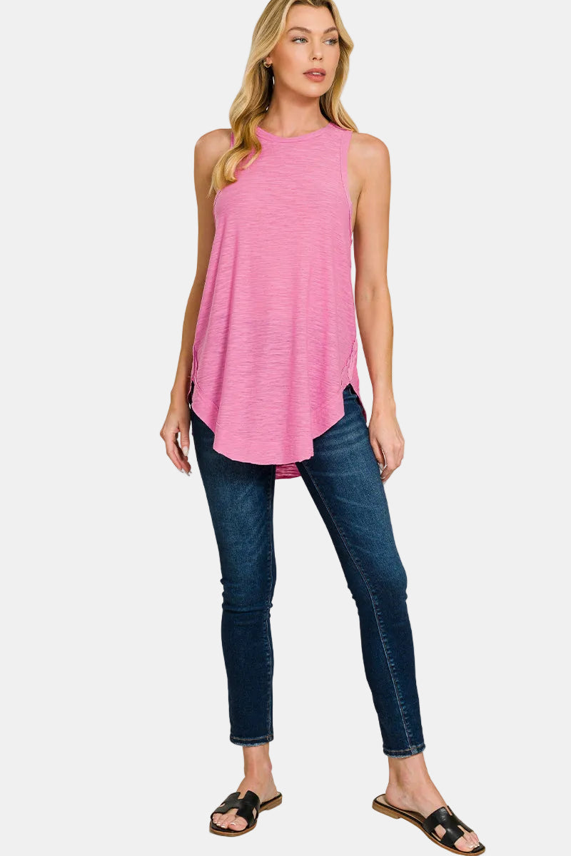 Curved Hem Slub Tunic Tank / HOT PINK