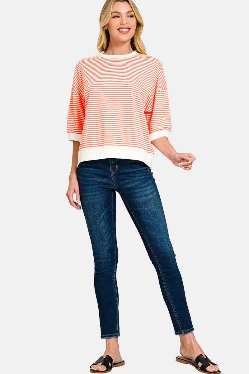 Striped Contrast Trim Banded Bottom Top / BRIGHT MAUVE