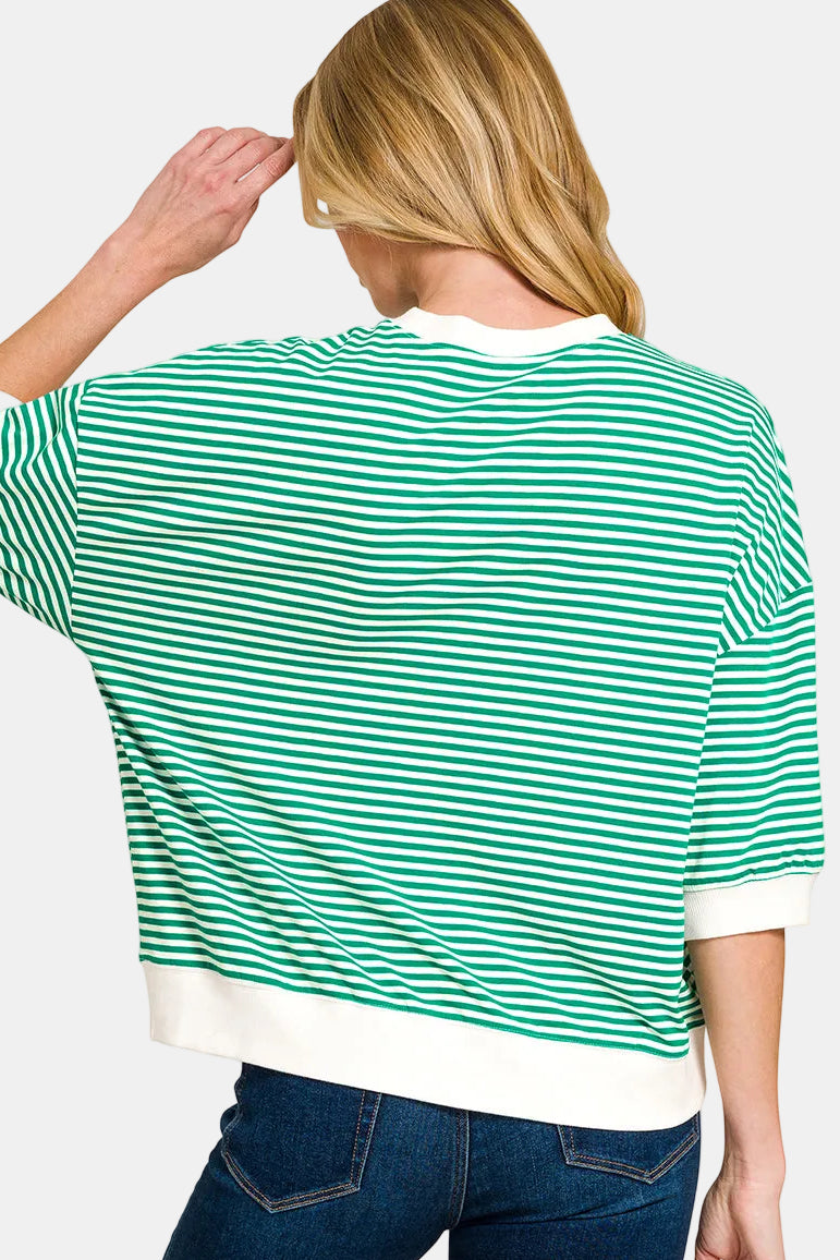 Striped Contrast Trim Banded Bottom Top / BRIGHT MAUVE