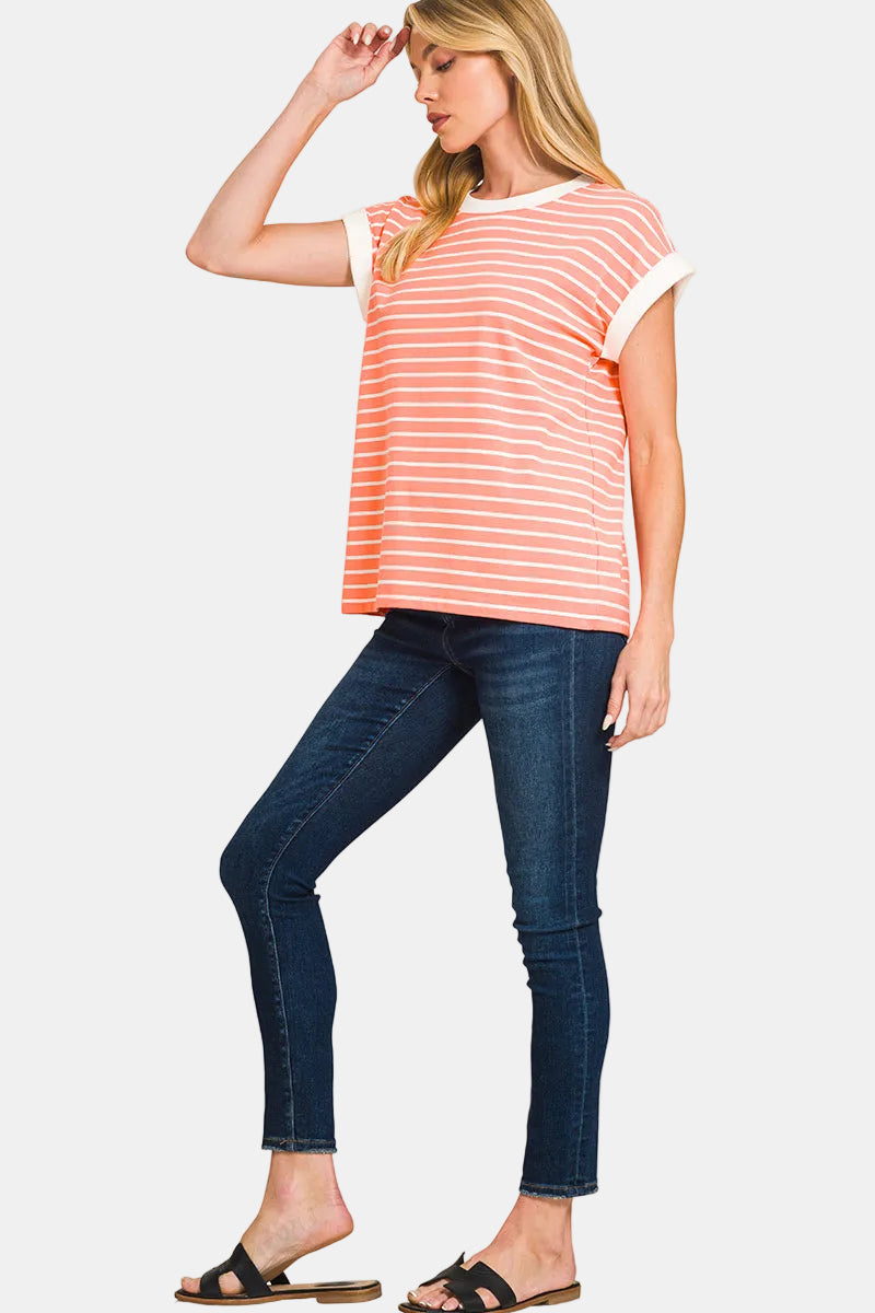 Contrast Trim Cap Sleeve Stripe Tee / BLACK
