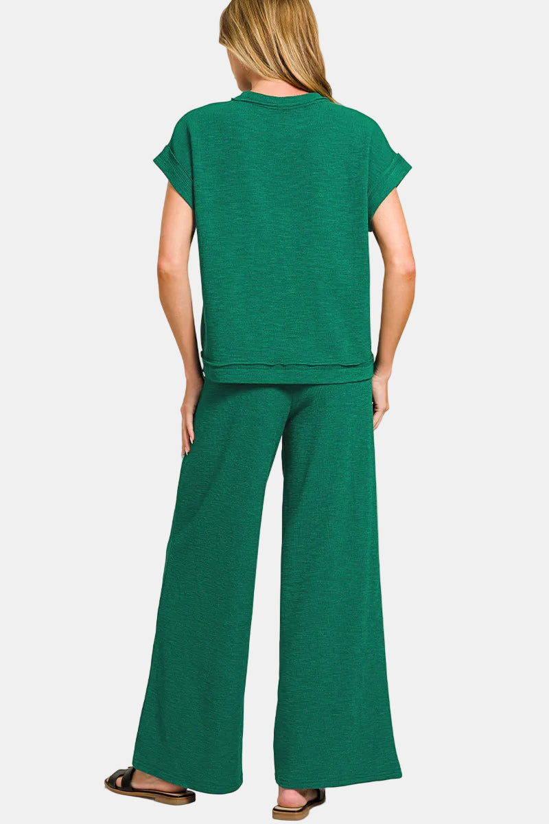Cotton Slub Short Sleeve Tee & Long Pants Set / BLACK