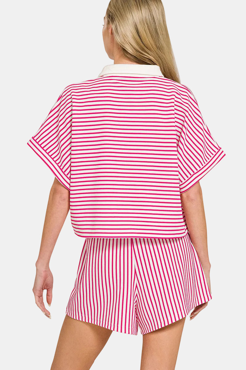 Striped Collared Top & Shorts Set / CABERNET