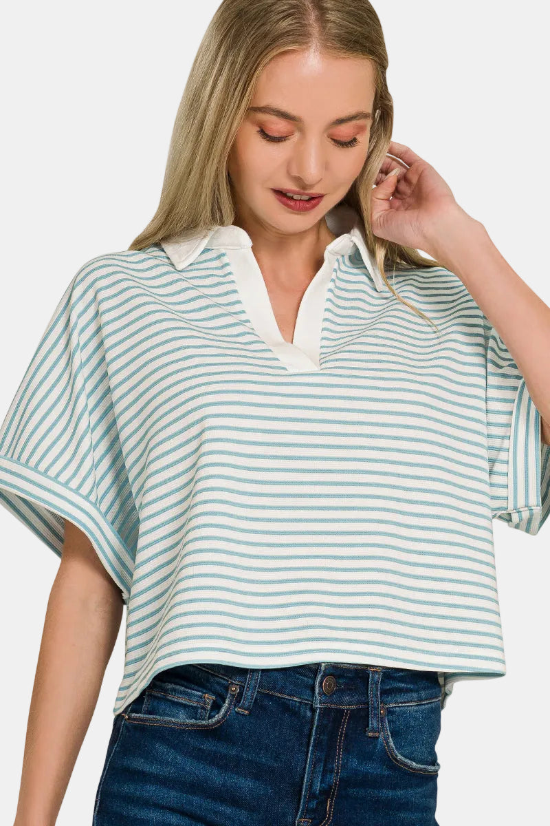 Striped Collared Top & Shorts Set / BLACK