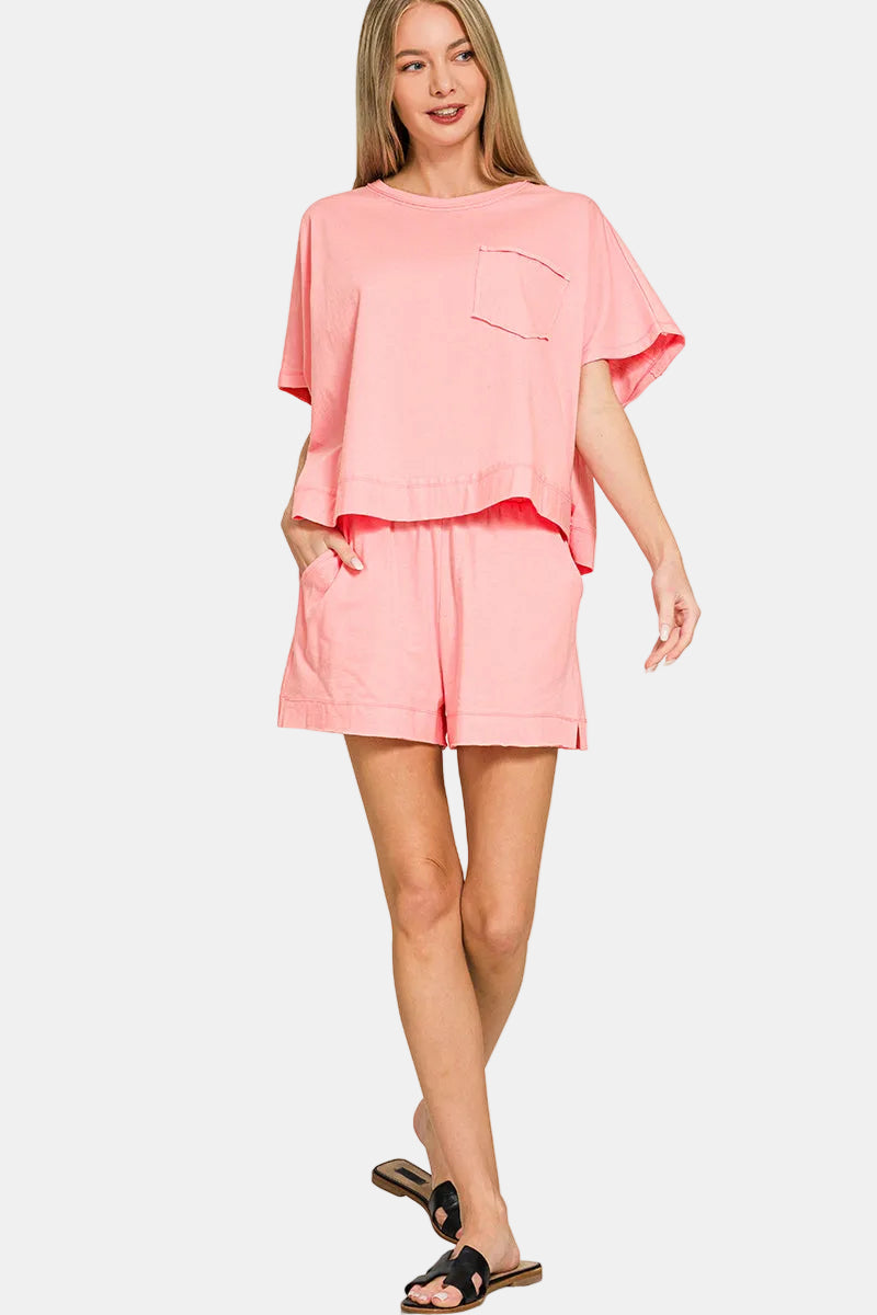 Exposed Seam Boxy Top & Shorts Set / BROWN