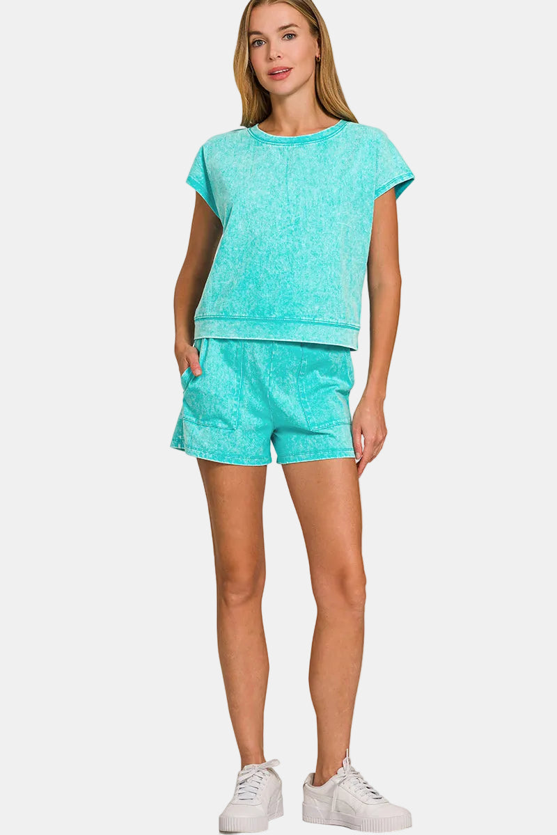 Premium Cotton Washed Sleeveless Top & Shorts Set / BROWN