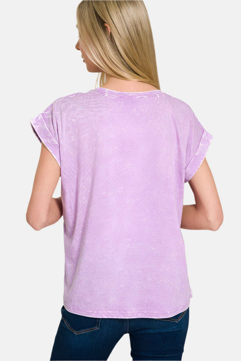 Crinkle Washed Round Neck Folded Short Sleeve Tee / ORANGE
