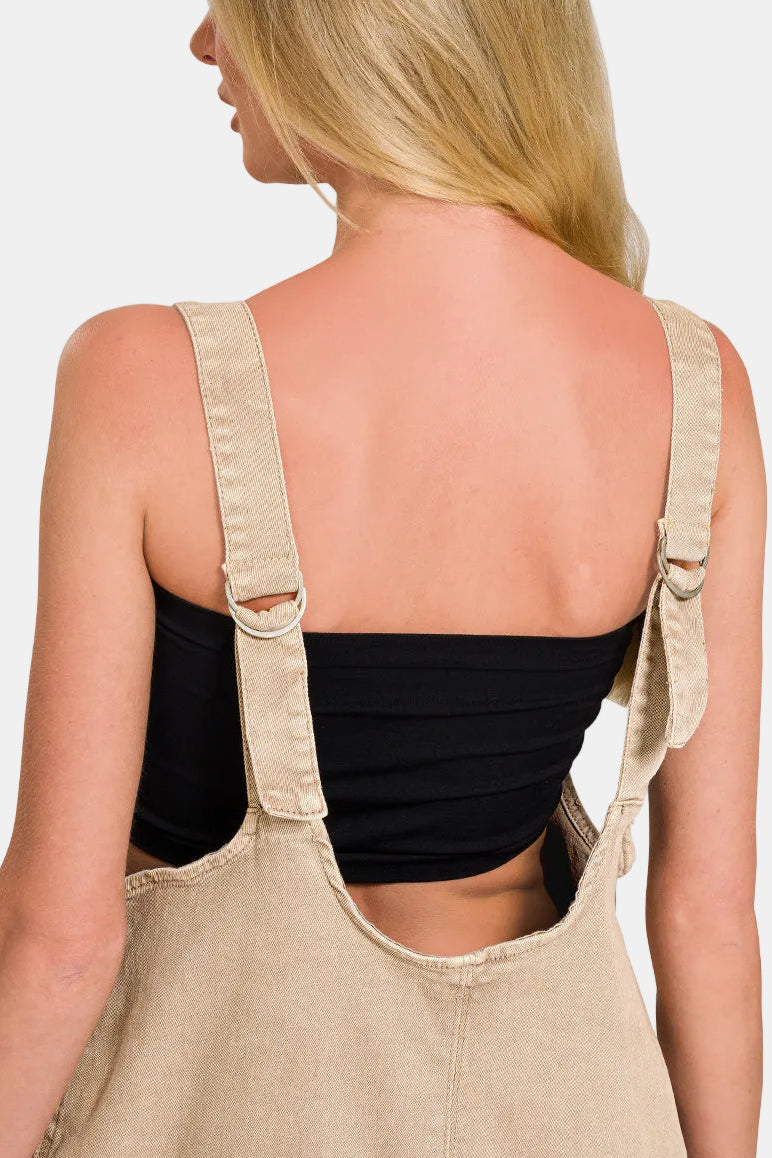 Washed Adjustable Strap Romper With Pocket / OCEAN BLUE