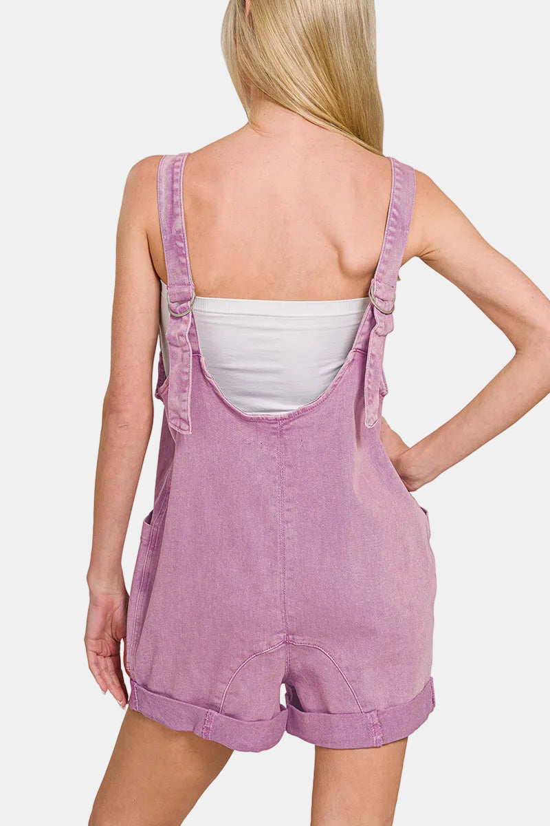 Washed Adjustable Strap Romper With Pocket / OCEAN BLUE