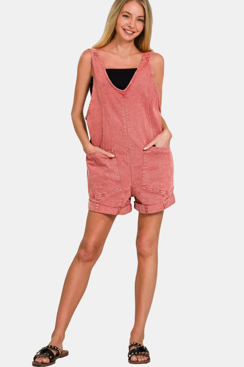 Washed Adjustable Strap Romper With Pocket / OCEAN BLUE