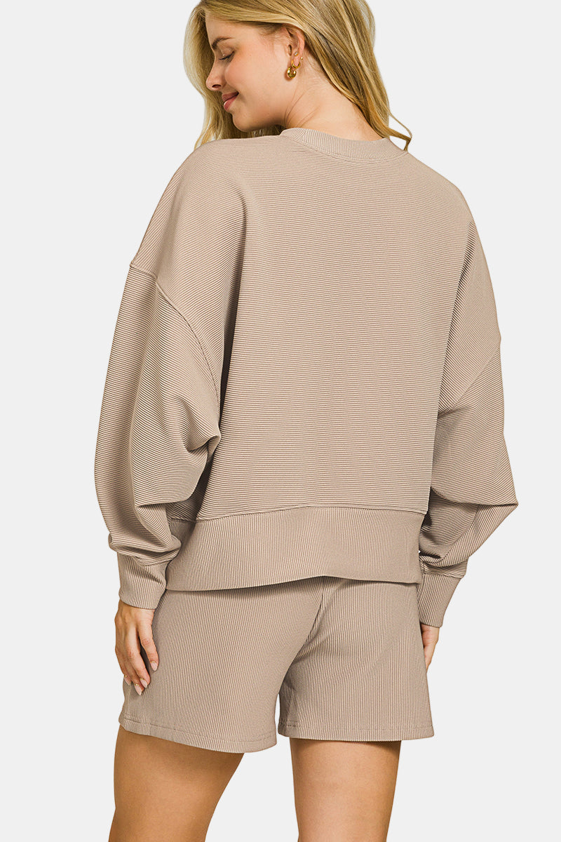 Ribbed Round Neck Pullover & Shorts Set / SAND BEIGE