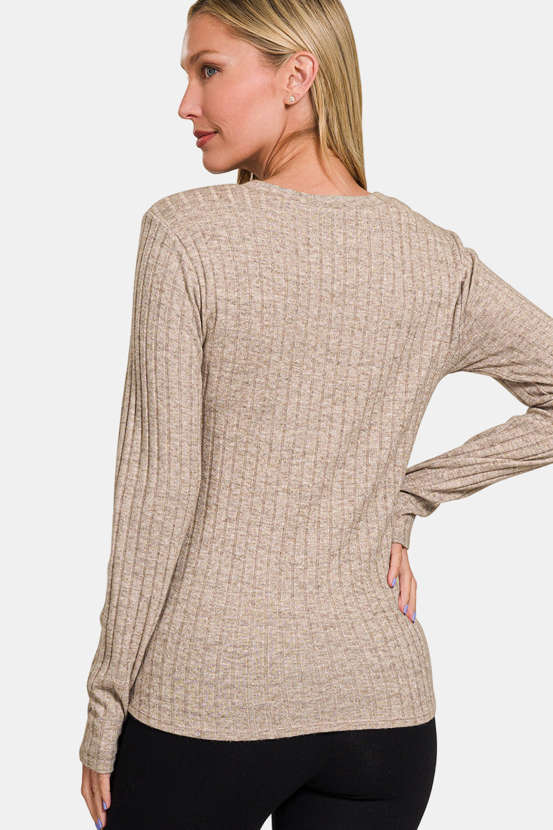 Ribbed Long Sleeve Round Neck Top / FUCHSIA