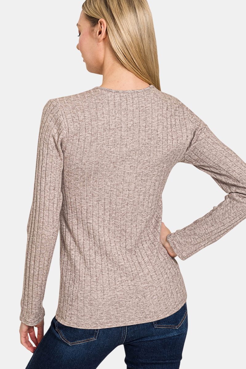 Ribbed Long Sleeve Button Down Top / MAUVE