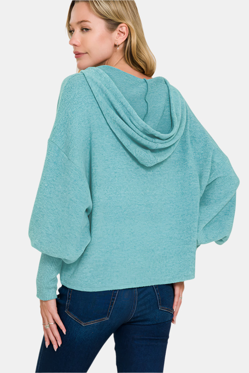 Soft Brushed Hacci Cropped Balloon Sleeve Hoodie / MARLIN